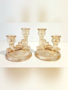 Vintage Jeanette Marigold Glass Double Candle Holders - Set of 2
